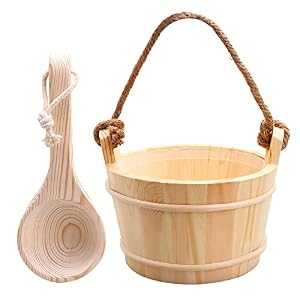 Sauna Bucket and Ladle 5 Liter (1.3 Gallon), Finnish Pine Wooden Sauna Accessories with Handmade Sauna Bucket, Plastic Liner and Rope Handle