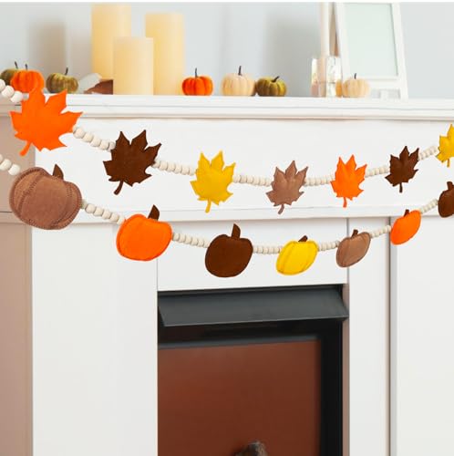 2 Pcs Fall Decor, Thanksgiving Decorations for Home, Felt Pumpkin Maple Leaves Garland Wood Beads for Fall Thanksgiving Decorations Indoor Banner for Mantle Wall Fireplace Farmhouse Halloween Decor