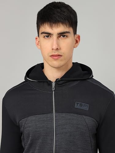 Image of TECHNOSPORT Men's Self Design Hooded Slim Fit Fleece Jacket