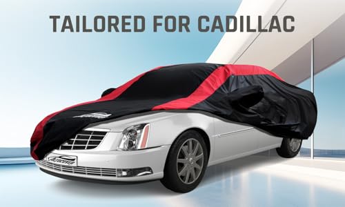Image of Car Cover Waterproof All Weather with Red Strip Design, Custom Fit for DTS(2006-2011), XTS(2013-2019), CT6(2016-2020), DTS Accessory with Door Zipper & Windproof Straps