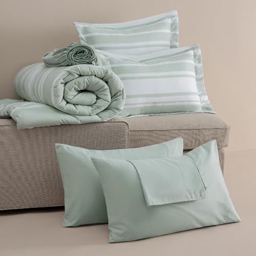 Image of Bedsure Twin XL Comforter Set 5 Pieces, Sage Green Striped Bedding Set for All Seasons, Reversible, Cationic Dyeing Bed in a Bag with Comforter, Sheets, Pillowcase & Sham