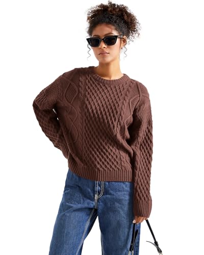 SUUKSESS Women Oversized Cable Knit Sweater Fall Long Sleeve Crew Neck Pullover Tops 20242