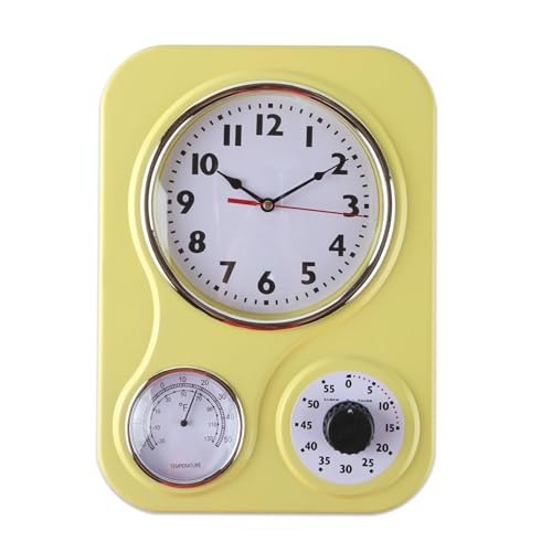 Lily's Home - 9.5 Inch x 12.5 Inch - Retro Kitchen Wall Clock, Vintage Wall Clock with a Thermometer...