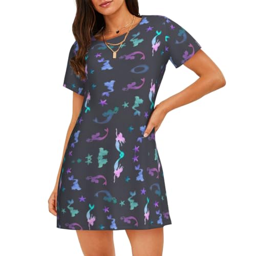 Camisón de manga corta para mujer, suave, holgado, con estampado de sirena, Negro, M
