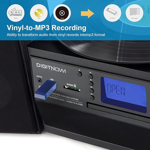 Bluetooth Record Player Turntable with Stereo Speaker, LP Vinyl to MP3 Converter with CD, Cassette, Radio, Aux in and USB/SD Encoding, Remote Control, Audio Music Player