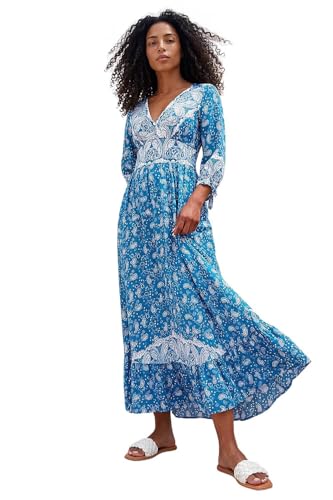 Roman Women Shirred Waist Dress Ladies Spring Everyday Summer Holiday V-Neckline Comfy 3/4 Sleeve Soft Tassle Detail Frock Vacation Gowns Chiffon Maxi Midi Wrap - Sky Blue White - Size 16