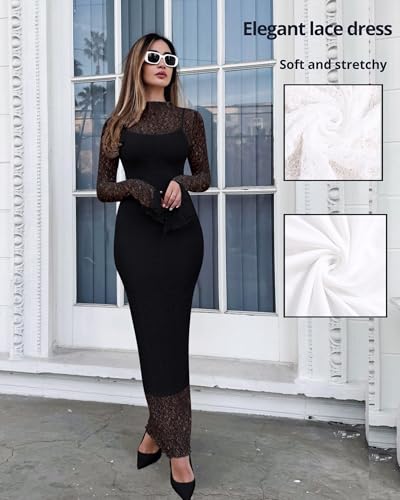 Doweha Womens Sexy Bodycon Lace Dress Elegant Long Sleeve Midi 2 Piece Dress Sets Cocktail Party Birthday Date Night Outfit4