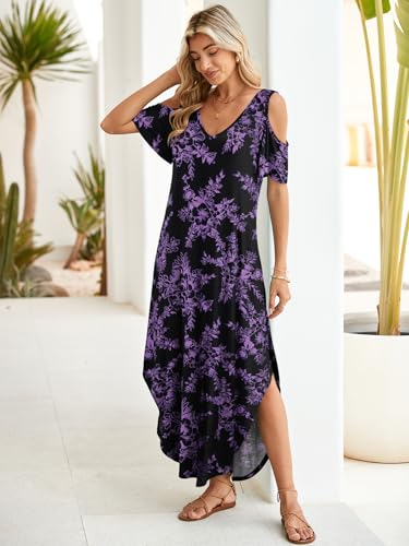 Image of BELAROI Womens Cold Shoulder Maxi Dress Plus Size V Neck Summer Sundresses with Pockets Beach Coverup Vacation Outfits