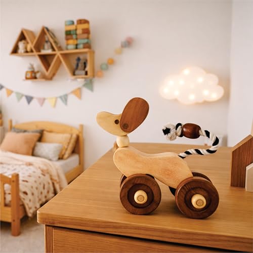 Image of Wooden Dog Pull-Along Toy for Toddlers | Natural Solid Wood | Cotton Pull String | No Metal | Eco-Friendly & Plastic-Free | Smooth Rolling Wheels | Nursery Decor Toy (1.5-4 Years)