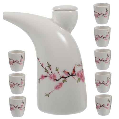 KICHOUSE Traditional Rice Wine Pot Set Ceramic Sake Kettle Cups Retro Kettle for Wedding Party Easy Clean