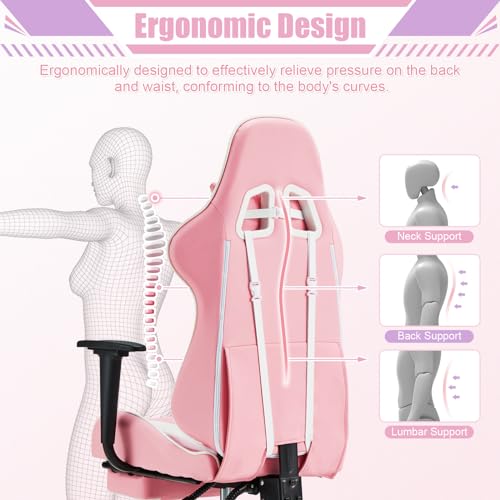 Image of ECOTOUGE PC Gaming Chair Massage Ergonomic Office Desk Chair Racing PU Leather Recliner Swivel Rocker with Headrest and Lumbar Pillow, Pink-White
