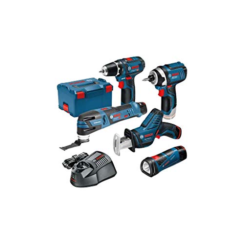 Bosch Professional 12V System Akku Bohrschrauber GSR 12V-15+Drehschlagschrauber GDR 12V-105+Säbelsäge GSA 12V-14+Multi-Tool GOP 12V-LI+LED-Lampe GLI 12V-LI (+3x2.0Ah Akku, Ladegerät, L-BOXX)