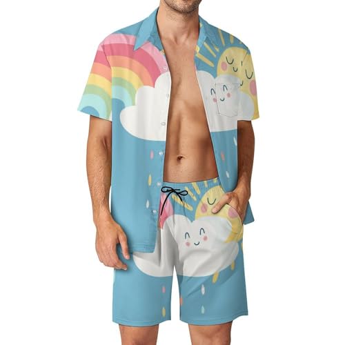 Ensemble Plage Homme Chemise Hawaïenne Nuage Arc-en-Ciel pour Vacances Tropiques S