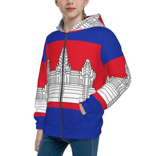 Cambodia Flag Print Girls Athletic Zip Up Hoodies,Sweatshirts with Pockets Long Sleeve Hooded Jackets, for 7-18 Y