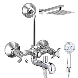ZAP CASTER Series Brass 3 in 1 Wall Mixer with Shower Arms & Head | Multi Flow Hand Shower with 1.5 Meter Flexible Tube (Chrome)
