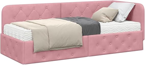 Corner Bed Frame with Mattress, Pink Velvet, 80 x 200 cm, L Shape, Modern Design, Foam Mattress Included, Single Bed with Headboard
