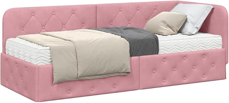 Corner Bed Frame with Mattress, Pink Velvet, 80 x 200 cm, L Shape, Modern Design, Foam Mattress Included, Single Bed with Headboard