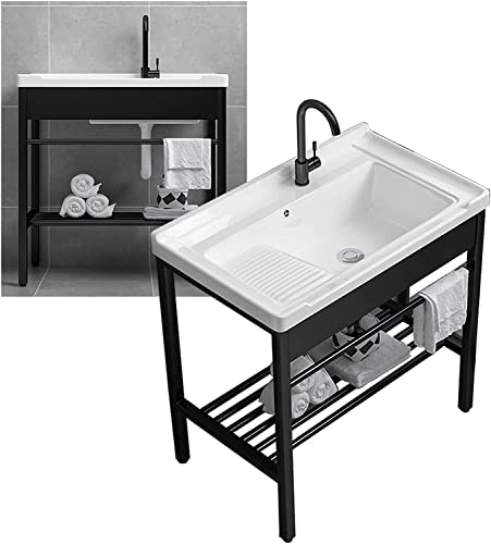 Lavabo independiente con juego de tabla de lavar, lavabo de cerámica con juego de drenaje y patas de metal de acero inoxidable - estante de almacenamiento negro incluido