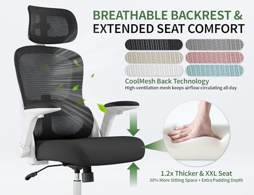 Ergonomic Office Chair - Computer Desk Chair with Adjustable Lumbar Support - 400lbs Executive Desk Chair High Back with Headrest Flip-Up Arms for Long Hours, Rolling Chair (White Black) - Image 5