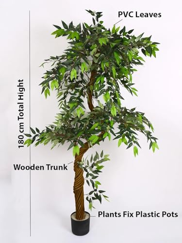 Image of ARICK DECOR 6ft Artificial Ficus Tree with Natural Wood Trunk, Large Lifelike Faux Floor Plant for Indoor Home Office Decor, Lush Green Silk Leaves in Black Pot - 180cm