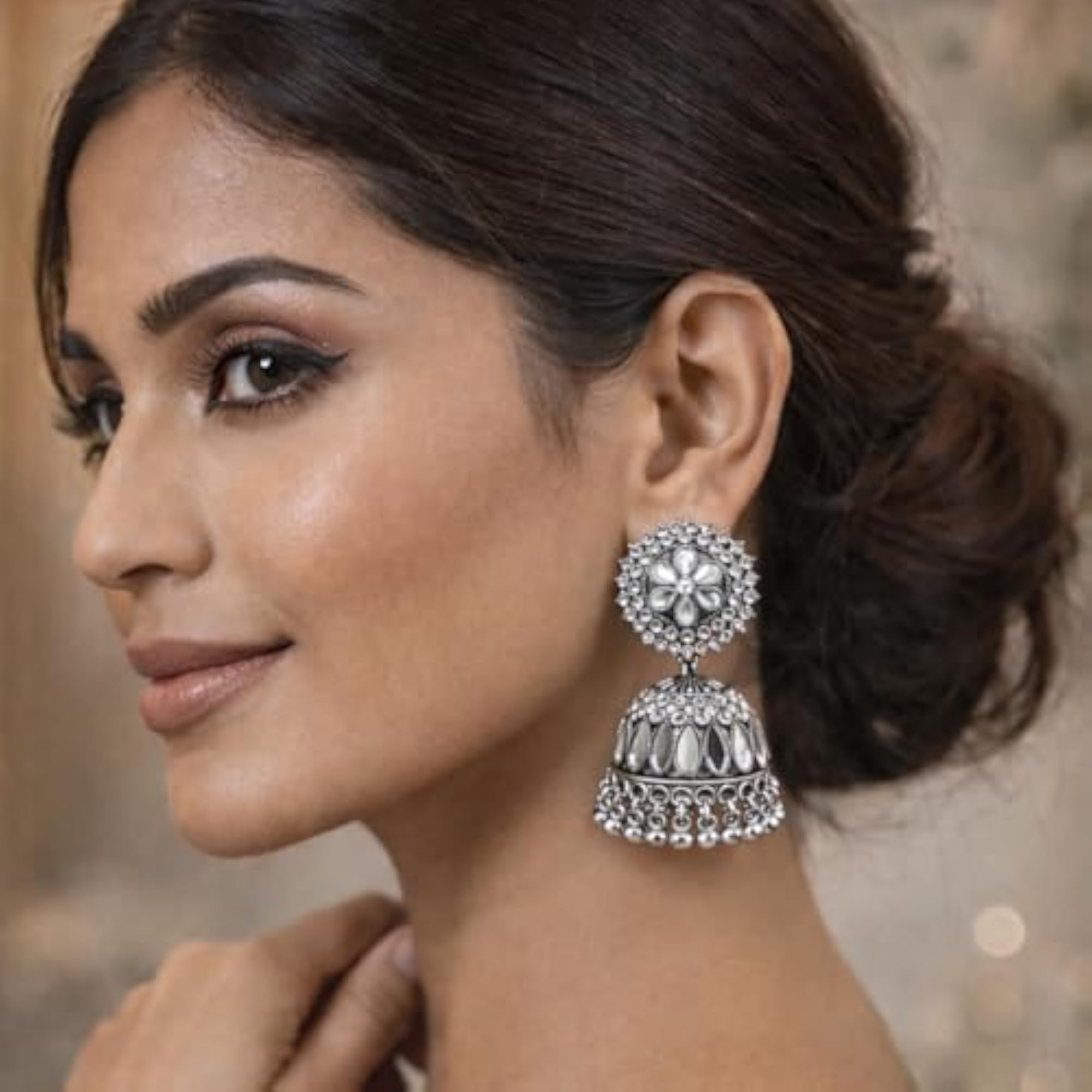 Women's Oxidized Jhumka Earrings with Mirror Stone Studs