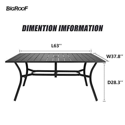 Bigroof Outdoor Table 63" Patio Metal Steel Classic Rectangle Black Dining Table With 1.57" And 1.96''Umbrella Hole For Garden, Backyard, Deck (63'') #TOP2