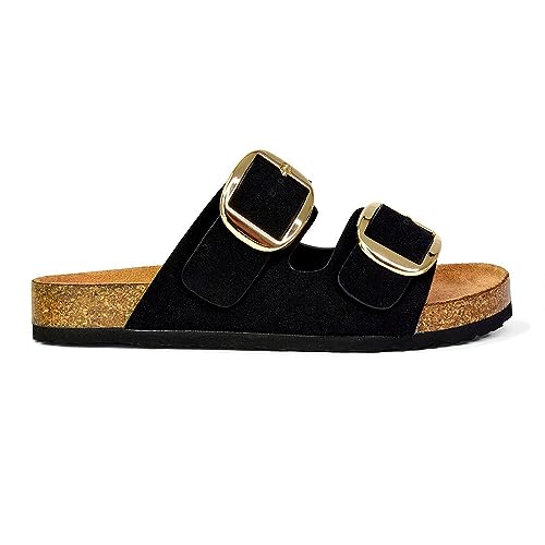 ESSEX GLAM Flache Damen-Sandalen, große Doppelriemen, Schnalle, offener Zehenbereich, Slip-On, lässig, Urlaub, Slider, Pantoletten, Größe 36-42, Schwarz , 40 EU