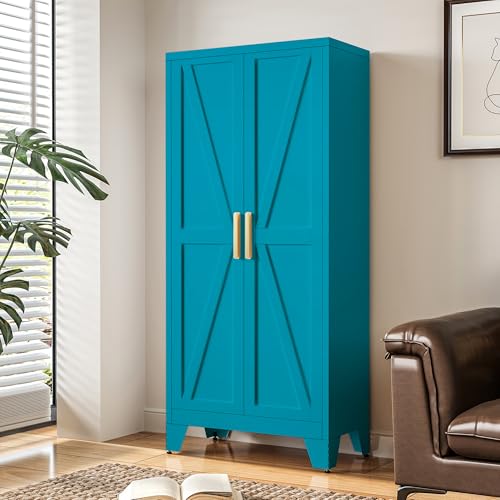 Image of LCAOPC 61 inch Tall Metal Storage Cabinet with 2 Doors and 3 Adjustable Shelves, 4-Tier Kitchen Pantry Storage Cabinet for Kitchen, Living Room, Dining Room and Office, Blue