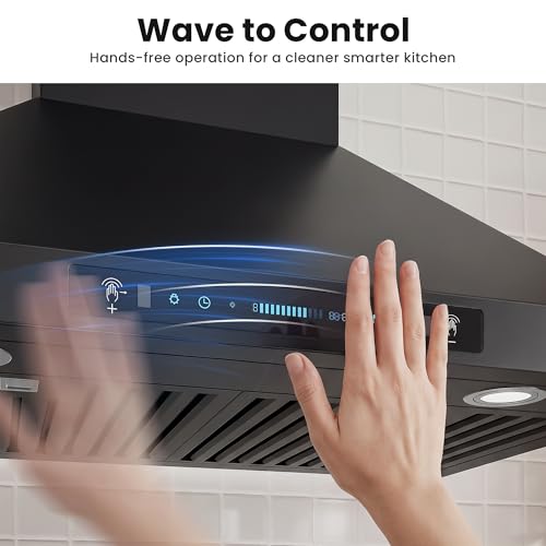 Image of IKTCH 30 inch Black Wall Mount Range Hood, 900 CFM Ducted /Ductless Stainless Steel Vent Hood with Gesture Sensing & Touch Control Switch Panel, 2 Pcs Adjustable Lights