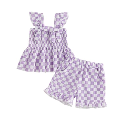Toddler Baby Girls Summer Outfit Fashionable Plaid Flying Sleeve Ruffle Tops with Shorts 2Pcs Set (Purple, 6-12 Months)