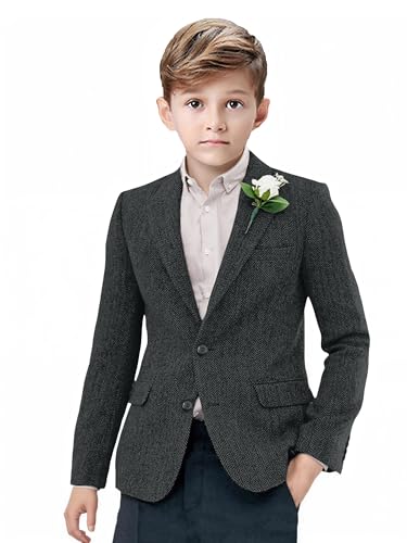 Boys Blazer Vintage Wool Kids Formal Jacket for Boy Herringbone Sport Coat Casual Wedding Formal Jacket Grey Size 5