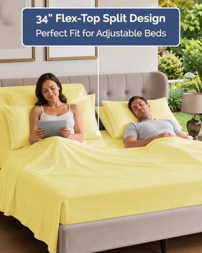 Image of Flex Top Split Head King 6 Piece Piece Sheet Set - Comfy Breathable & Cooling - Soft Hotel Luxury Bedding Set with 8-16 Inch Deep Pockets - 1 Flat & 1 Fitted Sheet & Pillowcases - Yellow