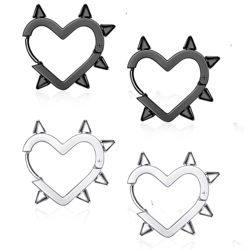 2 Pairs Silver Black Heart Hoop Earrings for Women Men Stainless Steel Y2k Punk Goth Spike Heart Earrings Jewelry Gift