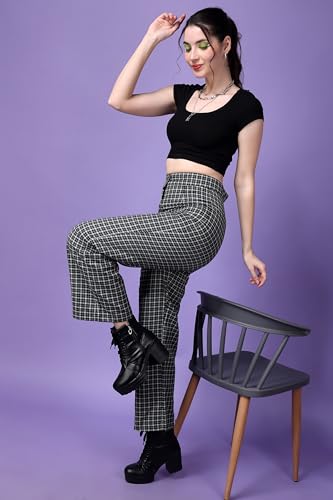 Image of POPWINGS Casual Check Print Button and Zip Closure Trouser for Women | Western Wide-Leg Trouser for Women | Summer Trousers for Women | Comfortable Semi-Formal Work Trouser for Women
