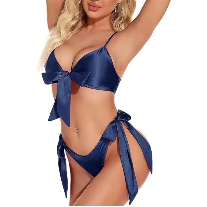 ARYANSH Shoppe Satin Elegance Two-Piece Bikini – Bow Detail Top & Adjustable Side-Tie Bottom Free Size (Blue)-picture-24