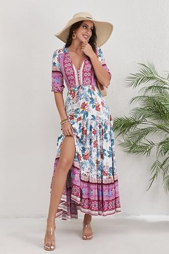 Women Short Sleeve V Neck Floral Print Casual Bohemian Maxi Dresses2