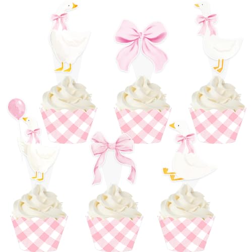 Pink One Silly Goose Cupcake Toppers and Wrappers 48 Pieces Pink Bow Gingham Design Silly Goose Birthday Party Decorations Goose Cake Picks for Girls Farm Animals Geese Baby Shower Party Supplies