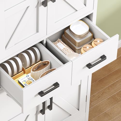 Image of TEENFON Pantry Cabinet with 2 Drawers, Kitchen Storage Cabinet with 4 Door Shelves, Kitchen Pantry for Living Room, Dining Room, Bathroom, White