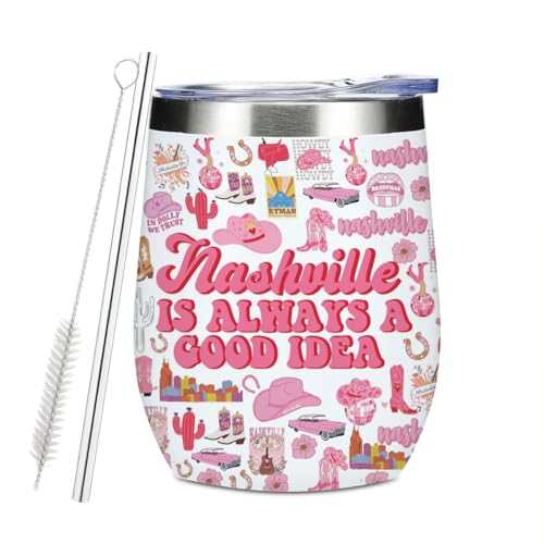 Nashville Travel Gift Wine Tumbler, 12 oz Tumbler with Lid, Straw Insulated Wine Glass Stainless Steel Travel Coffee Mug,Nashville Lover Gifts for Women Country Music Bestie Christmas Hallowaeen