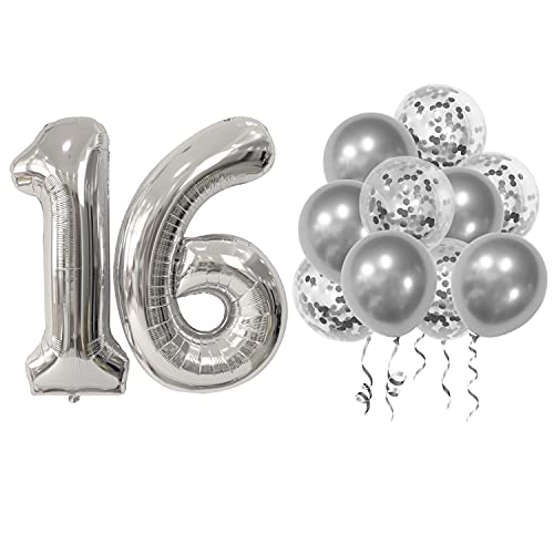 Tuoyi 16th Birthday Party Balloons Decorations Set - 40 Inches Silver Number 16 Balloons and 10pcs 12 Inches Latex Balloons Birthday Party Supplies for 16 Years Old Birthday Party