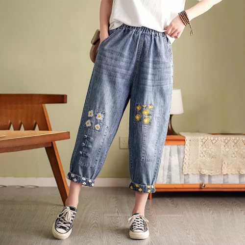 Women's Casual Floral Embroidered Jeans Elastic Waist Long Pants4