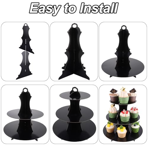 LOPYXBR 6PCS Black Cardboard Cake Stand 3 Tier Cardboard Cupcake Stand, Round Black Afternoon Tea Stands, Reusable Cardboards Dessert Stands for Birthday Wedding Anniversary Party - Image 3