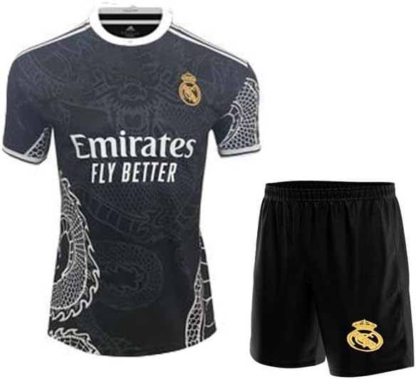 Real Madrid New Season Black Dragon Print Ronaldo 07 Football Kids Jersey Set