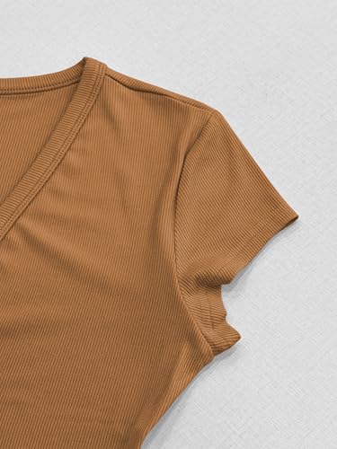 Image of Albe Rita Women Short Sleeve T-Shirt Cap V Neck Shirts for Women Ribbed Casual Top Knit Slim Fit for Summer
