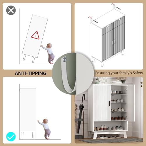 Image of Shoe Cabinet Storage for Entryway with Doors, 5 Tier Fluted Shoe Organizer with Adjustable Shelves, Entryway Shoe Storage with Wooden Legs, Freestanding Hidden Shoe Rack for Front Door Entrance, White