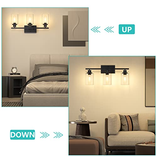 Asnxcju Modern 3-Light Vanity Wall Light Fixtures, Black Bathroom Lighting Fixtures Over Mirror, Bathroom Wall Mounted Lamp With Clear Glass Shade For Bedroom, Living Room, Hallway, E26 Base #TOP3