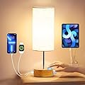 KPQ Bedside Lamp Touch Control Table Lamp with USB A+C Charging Ports & AC Outlet 3-Way Dimmable Nightstand Lamp with Linen Fabric Shade for Bedroom Living Room(E26 Light Bulb Included)