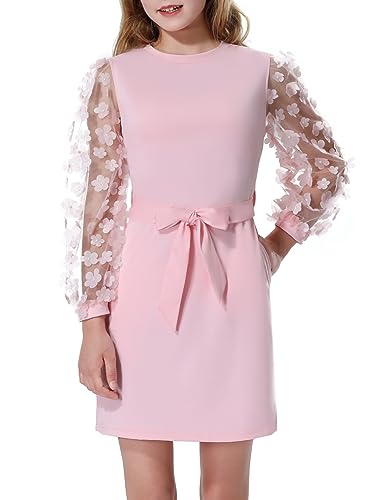 Mebius Girls Appliques Mesh Sleeve Dresses with Pockets Puff Sheer Long Sleeve Bodycon Belted Dress for Party 6-12Y2