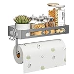 ZDDLOINP Spice Rack with Paper Towel Holder Roll and Hooks, Wall Mounted Spice Rack, Metal Seasoning Organizer Shelves for Kitchen Silver