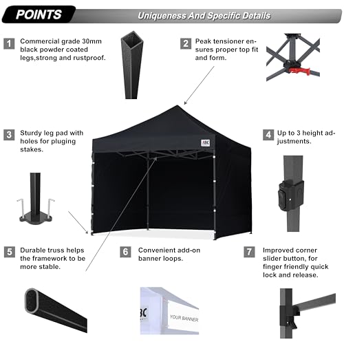 Image of ABCCANOPY Heavy Duty Easy Pop up Canopy Tent with Sidewalls 10x10, Dull Black